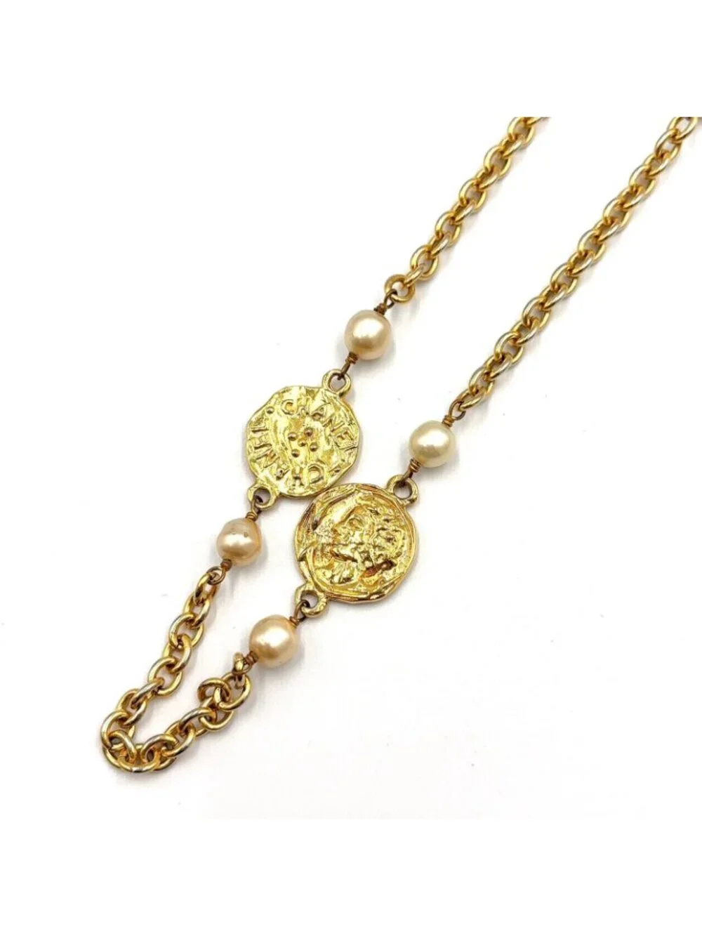 Chanel CC Logo Coin Motif Metal Faux Pearl Gold Necklace